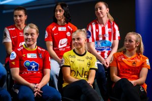 Fra Avspark Toppserien 2023. F.v.: Cecilie Redisch Kvamme, Sarah Suphellen, Miljana Ivanović, Emilie Woldvik, Hanna Dahl, Alise Tvilde Evensen. Foto: Vegard Grøtt/Bildbyrån