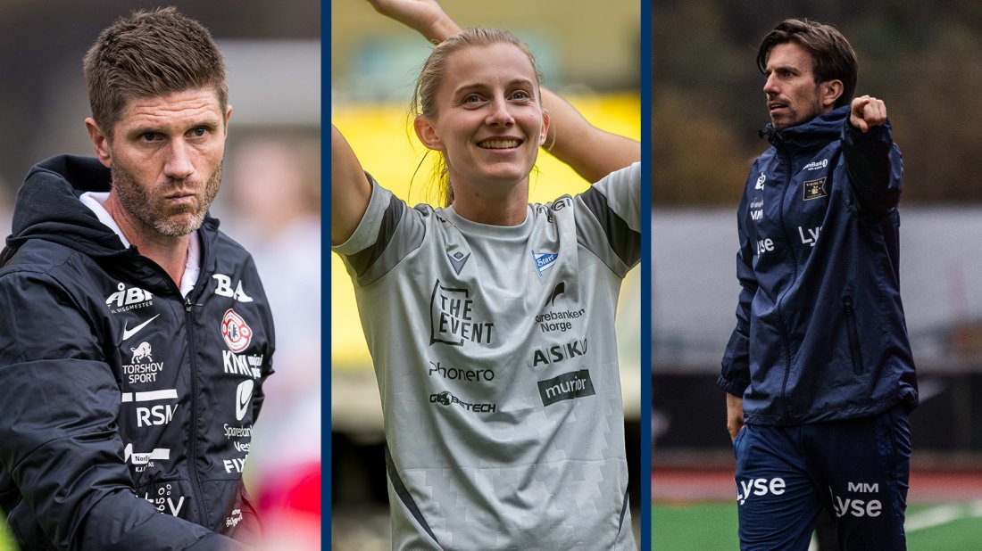 ÅRETS TRENER: Erik Mjelde (Arna-Bjørnar), Isabella Hayes Sundby (Start), Magnus Meling (Viking). Foto: Bildbyrån / TFK / Alexander Larsen