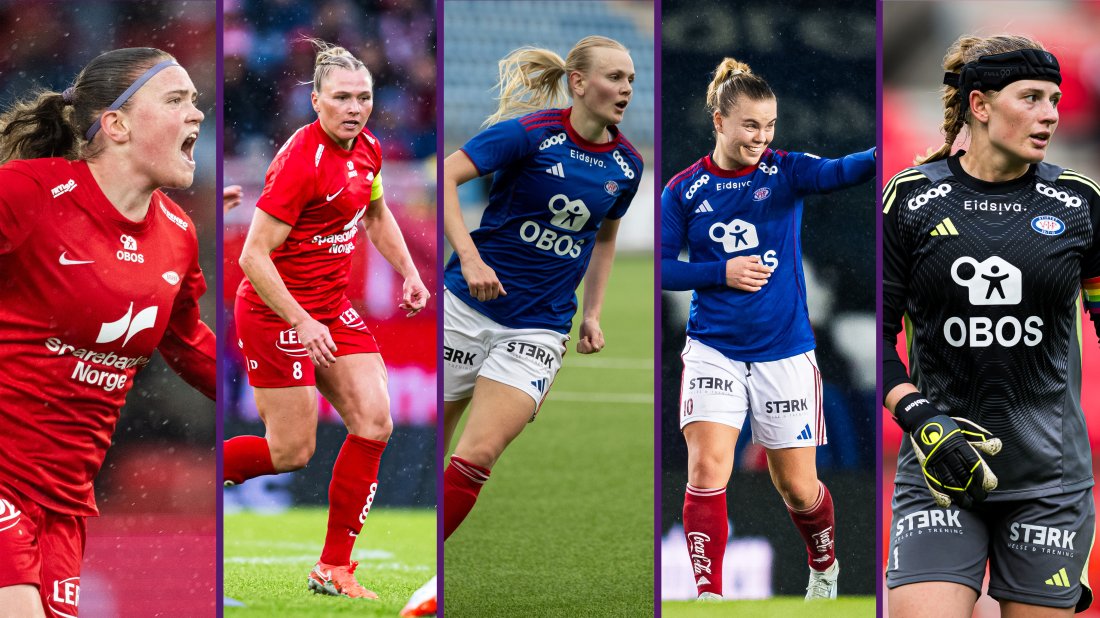 De nominerte til Årets spiller i Toppserien 2025. ÅRETS SPILLER: Branns Signe Gaupset og Karoline Haugland, og Vålerengas Karina Sævik, Olaug Tvedten og Tove Enblom