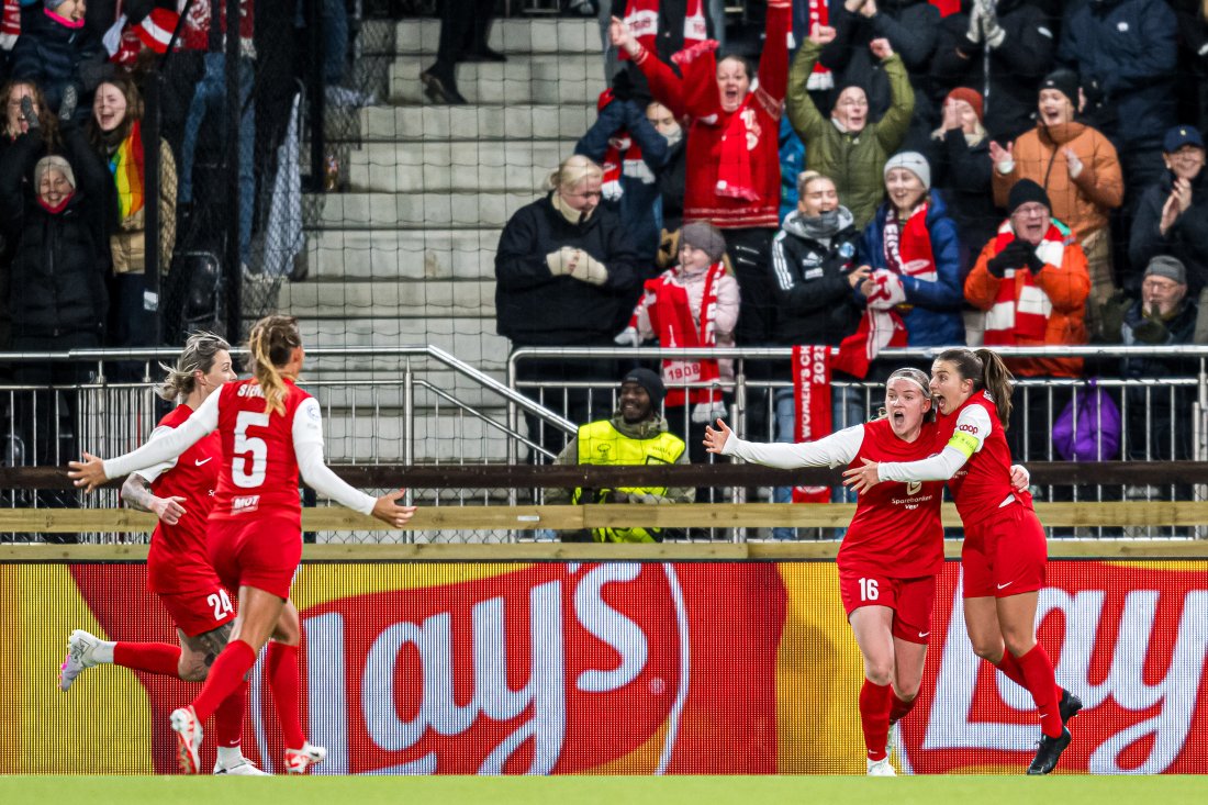 Cecilie Kvamme, Signe Gaupset og Brann feirer scoring mot Barcelona, elleville scener på Åsane Arena.
