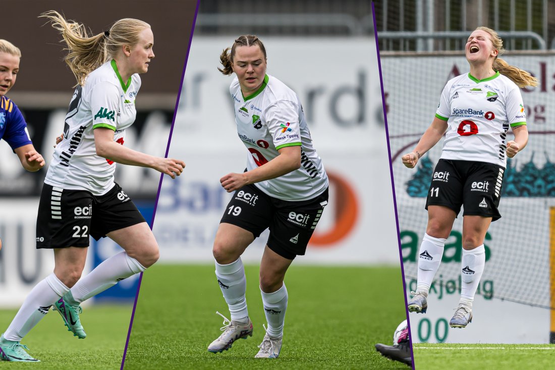 Bilde av Martine Skogstad Falkeid, Maja Tryterud og Synne Hamborg fra Hønefoss sitt møte med Fyllingsdalen i 1. divisjon. De har alle vært med på reisen fra 4. divisjon til Toppserien.