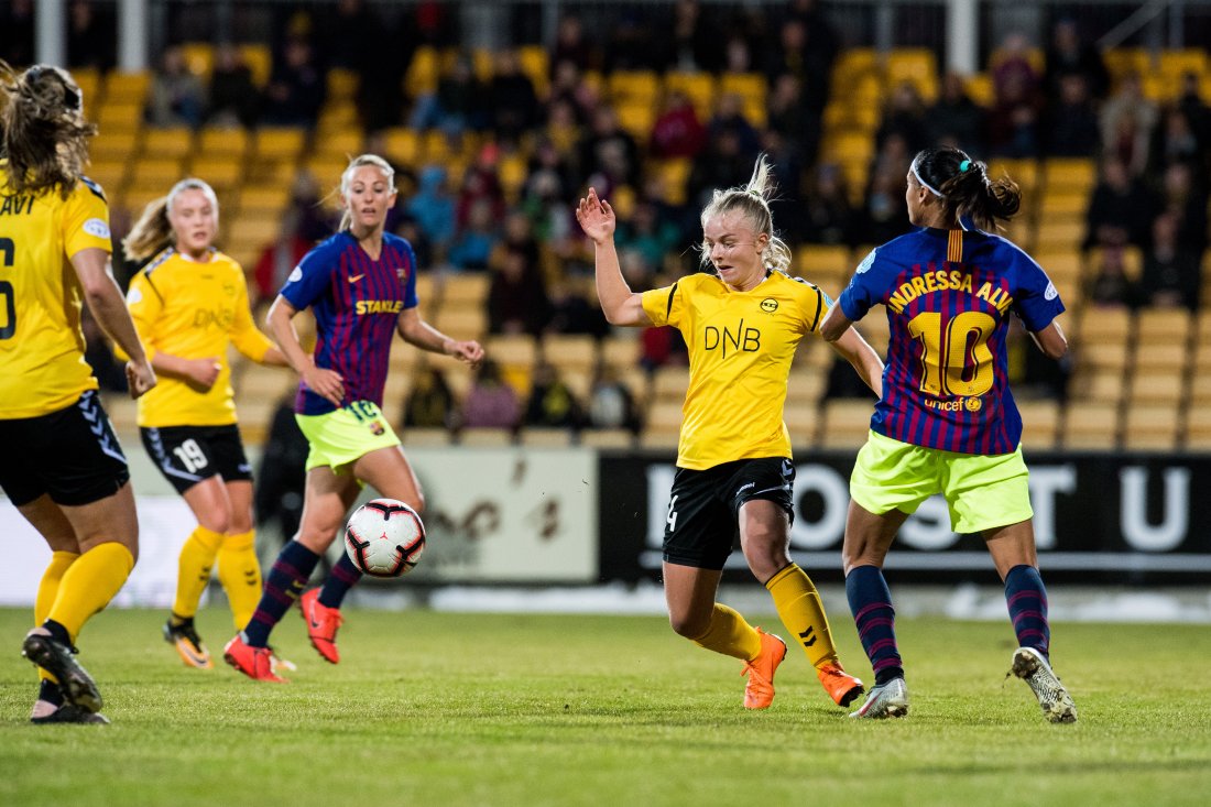 190327 Emilie Marie Woldvik of LSK Kvinner during the UEFA Women's Champions League quarterfinal match between LSK Kvinner and Barcelona on March 27, 2019 in Lillestrøm.Photo: Jon Olav Nesvold / BILDBYRÅN / kod JE / 160436